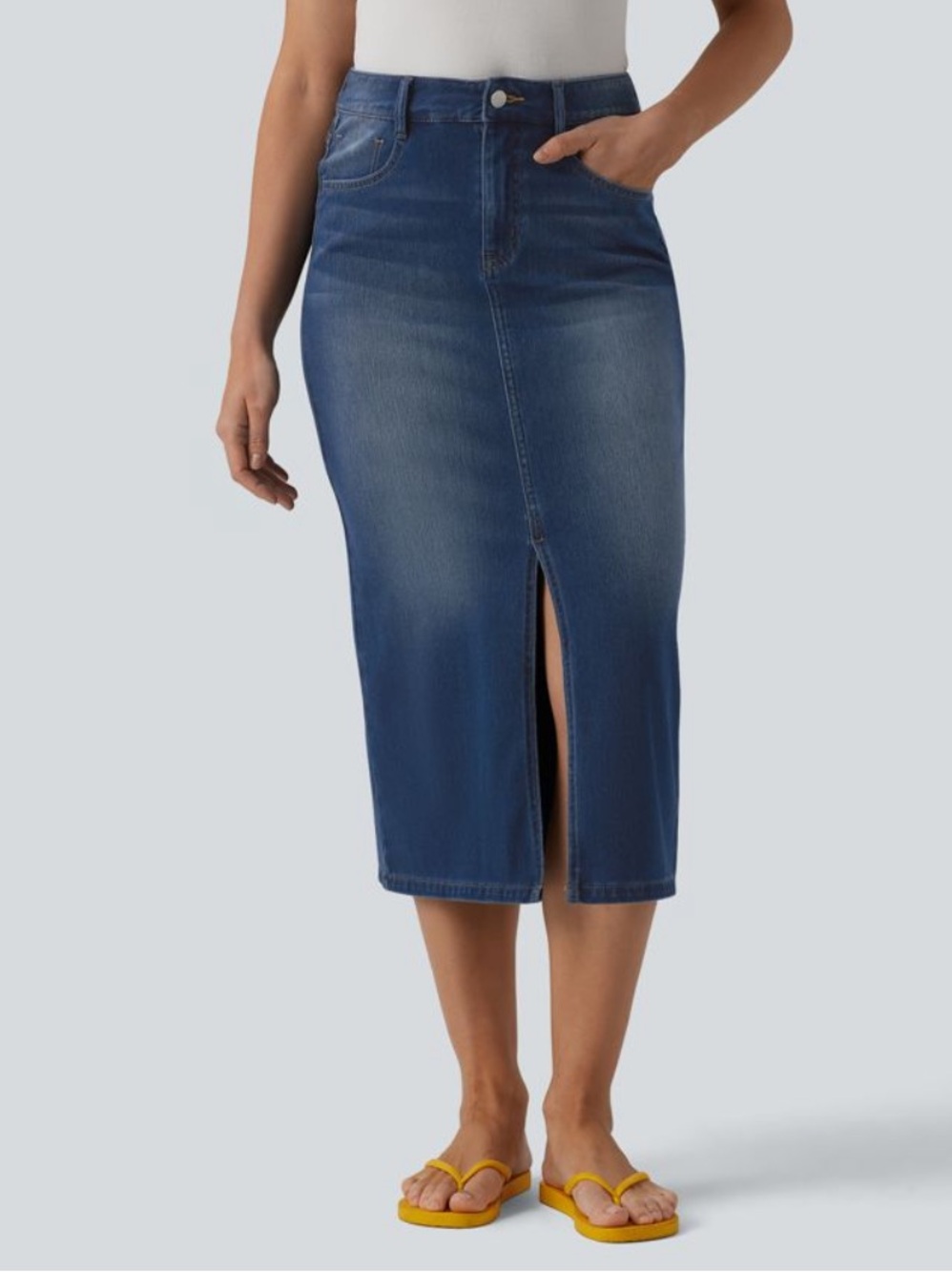 HALARA Blue High-Rise Midi Denim Skirt with Front Slit